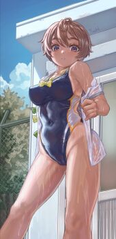 1girl ahoge blue_one-piece_swimsuit bow bowtie breasts brown_eyes brown_hair building cameltoe commentary_request competition_swimsuit covered_erect_nipples covered_navel day fence highleg highleg_one-piece_swimsuit highres large_breasts looking_at_viewer make_heroine_ga_oo_sugiru! off_shoulder official_alternate_costume one-piece_swimsuit outdoors parted_lips shirt short_hair sky solo standing swimsuit tan tanline thighs two-tone_one-piece_swimsuit two-tone_swimsuit undressing wet wet_clothes wet_shirt white_one-piece_swimsuit white_shirt yakishio_lemon yellow_bow yellow_bowtie yuugao