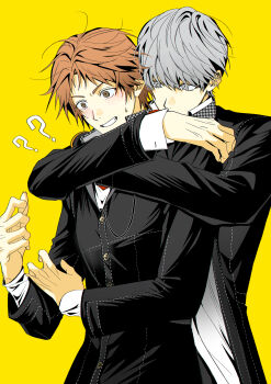 Rule 34 | 2boys, ?, absurdres, black jacket, blush, brown eyes, brown hair, grey eyes, grey hair, hanamura yousuke, hand on own arm, highres, hug, hug from behind, jacket, korean commentary, male focus, multiple boys, narukami yu, open clothes, open jacket, persona, persona 4, sa1meunegg, school uniform, short hair, simple background, small sweatdrop, smile, upper body, yaoi, yasogami school uniform, yellow background