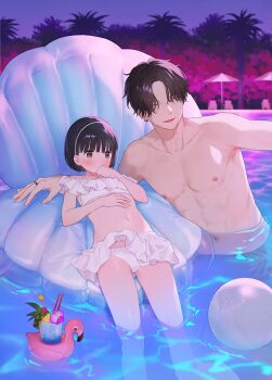 1boy 1girl age_difference b_(sekiya_asami) bikini black_hair blunt_bangs blush brown_eyes closed_eyes commentary_request couple fang flat_chest frills hairband hetero jewelry midriff narrow_waist navel original partially_submerged pearl_hairband ring ruffle_bikini sekiya_asami short_hair slim_legs swimsuit triangle_bikini_top white_bikini yuzuru_(sekiya_asami)