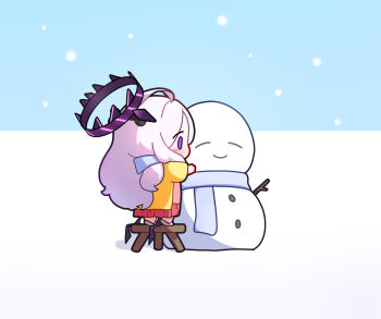 1girl blue_archive blue_scarf chibi from_side grey_hair halo highres hina_(blue_archive) hina_(pajamas)_(blue_archive) long_hair long_sleeves low_wings outdoors purple_eyes purple_halo scarf skirt slippers snowing snowman solo standing uz_(uzru0428) very_long_hair wings