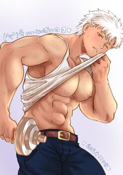 1boy abs archer_(fate) blush dark-skinned_male dark_skin exercising fate/grand_order fate_(series) highres large_pectorals male_focus muscular muscular_male pants pectorals shirt sleeveless sleeveless_shirt sweat tan weightlifting white_hair yuyulisakura