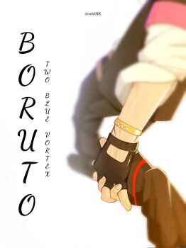 1boy 1girl artist_name black_pants blurry boruto:_two_blue_vortex bracelet commentary copyright_name corrupted_twitter_file depth_of_field drawink female_pov fingerless_gloves gloves highres holding_hands interlocked_fingers jewelry naruto_(series) pants pov pov_hands sleeves_past_wrists uchiha_sarada uzumaki_boruto