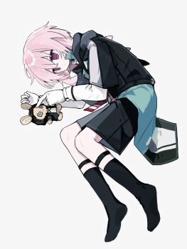 1boy @_@ absurdres animal_ears ansel_(arknights) arknights baoshi_xiao_niao black_jacket black_shorts black_socks choshanland_plushy_(arknights) doctor_(arknights) gloves highres jacket kneehighs lop_rabbit_ears lying male_focus no_shoes on_side pink_hair rabbit_ears red_eyes shirt short_hair short_sleeves shorts socks solo stuffed_animal stuffed_rabbit stuffed_toy thigh_strap white_gloves white_shirt