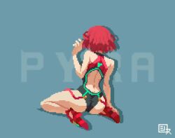 1girl animated artist_logo ass back back_cutout bare_shoulders character_name clothing_cutout competition_swimsuit from_behind glowing high_heels kneeling logo neon_trim one-piece_swimsuit pixel_art pyra_(pro_swimmer)_(xenoblade) pyra_(xenoblade) red_footwear red_hair shirosu skin_tight solo swimsuit video xenoblade_chronicles_(series) xenoblade_chronicles_2