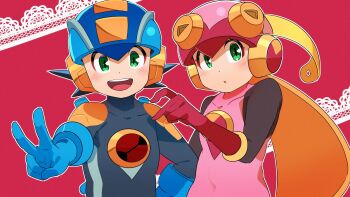 1boy 1girl 3suisousui black_bodysuit blonde_hair blue_bodysuit blue_helmet bodysuit green_eyes helmet highres leotard long_hair medium_hair mega_man_(series) mega_man_battle_network_(series) megaman.exe netnavi pink_helmet pink_leotard red_background roll.exe_(mega_man) simple_background spiked_hair upper_body v