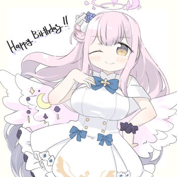 1girl ;) absurdres blue_archive blue_flower blush border breasts brown_border brown_eyes capelet closed_mouth commentary_request crescent dress feathered_wings flower hair_bun hair_flower hair_ornament halo hand_on_own_hip hand_up happy_birthday highres large_breasts long_hair looking_at_viewer low_wings mika_(blue_archive) miranofuudoria one_eye_closed pink_hair single_side_bun smile solo very_long_hair white_background white_capelet white_dress white_wings wings