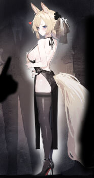 1girl 2others absurdres alcohol animal_ear_fluff animal_ears arknights ass back backless_dress backless_outfit bare_back bare_shoulders black_nails black_shoes blonde_hair blue_eyes breasts champagne champagne_flute chinese_commentary cocktail_dress commentary cup dress drinking_glass fingernails from_side halter_dress halterneck high_heels highres horse_ears horse_girl horse_tail long_fingernails long_hair looking_at_viewer looking_to_the_side medium_breasts multiple_others nail_polish nipples revealing_clothes shoes sideboob smile solo tail thighhighs uta_(xuyansong1996) whislash_(arknights)