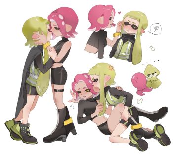 ... 2girls :d agent_3_(splatoon) agent_8_(splatoon) anger_vein arrow_(symbol) belt bike_shorts biting biting_ear black_belt black_cape black_footwear black_shirt black_shorts black_skirt blush boots breasts brown_eyes cape chinese_commentary closed_eyes closed_mouth covered_collarbone crop_top ear_blush fang feiguasang flying_sweatdrops frown green_hair half-closed_eyes hand_on_another's_arm hand_on_another's_ear hand_on_another's_head hand_on_another's_leg heart heel_up high-visibility_clothing high-visibility_vest high_heel_boots high_heels highres imminent_kiss inkling inkling_(swim_form) inkling_girl inkling_player_character leg_belt long_hair long_sleeves looking_at_another medium_breasts miniskirt multiple_girls navel nintendo octoling octoling_(swim_form) octoling_girl octoling_player_character octopus one_eye_closed open_mouth pink_hair pointy_ears shirt short_hair shorts simple_background single_bare_shoulder single_sleeve skirt smile speech_bubble splatoon_(series) splatoon_2 splatoon_2:_octo_expansion spoken_squiggle squid squiggle suction_cups tentacle_hair three-quarter_sleeves tiptoes v-shaped_eyebrows white_background yellow_eyes yuri