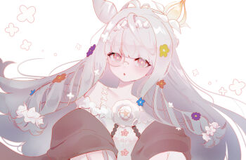 Rule 34 | 1girl, absurdres, blush, commentary request, cone hair bun, fate/grand order, fate (series), flora (fate), flower, flower-shaped pupils, hair bun, hair flower, hair ornament, highres, long hair, looking at viewer, monocle, open mouth, pink eyes, simple background, solo, symbol-shaped pupils, upper body, white background, white hair, yunu nuyu