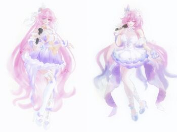 Rule 34 | 2girls, alternate costume, bare shoulders, breasts, cyrene (demiurge) (honkai: star rail), cyrene (honkai: star rail), detached sleeves, diamond-shaped pupils, diamond (shape), dress, elf, elysia (herrscher of human: ego) (honkai impact), elysia (honkai impact), flower, frilled thigh strap, full body, hair flower, hair ornament, high heels, highres, holding, holding microphone, honkai: star rail, honkai (series), honkai impact 3rd, large breasts, long hair, looking at viewer, microphone, multicolored hair, multiple girls, pink hair, pointy ears, purple dress, purple eyes, purple hair, simple background, smile, symbol-shaped pupils, thigh strap, thighhighs, triquetra, two-tone hair, very long hair, white background, white dress, white hair, white thighhighs, yu diandian