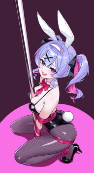 1girl absurdres animal_ears bound breasts commentary english_commentary fishnet_pantyhose fishnet_thighhighs fishnets hatsune_miku heart heart-shaped_pupils highres large_breasts open_mouth pantyhose playboy_bunny pole purple_hair rabbit_ears rabbit_hole_(vocaloid) restrained solo stripper_pole symbol-shaped_pupils thighhighs thighs twintails vocaloid
