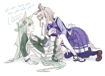 2girls absurdres ahoge animal_ears artist_name blue_eyes blunt_bangs blush bow braid breasts brown_shoes cleavage collared_shirt dr.kim ear_ribbon face-to-face fingering_gesture flustered folded_hair fujimasa_march_(umamusume) green_hair green_jacket green_trim grey_hair hairband half_up_braid hand_on_another&#039;s_chest highres horse_ears horse_girl horse_tail jacket kneeling knees_up leaning_back long_sleeves looking_at_another lying medium_breasts multicolored_hair multicolored_jacket multiple_girls oguri_cap_(umamusume) on_back open_mouth pleated_skirt purple_sailor_collar purple_shirt purple_skirt purple_thighhighs red_ribbon ribbon sailor_collar school_uniform shirt shoes signature sitting skirt small_breasts smile sneakers sweatdrop tail thighhighs tracen_school_uniform two-tone_jacket two-tone_ribbon umamusume vaulting_horse waist_bow white_background white_jacket white_ribbon white_shirt white_skirt yellow_eyes yellow_hairband yuri