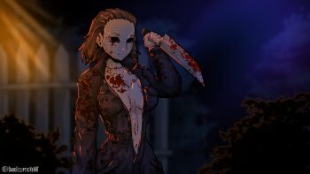 Rule 34 | 1girl, absurdres, bishoujo terror, blood, blood on clothes, bloody knife, bloody weapon, bodysuit, breasts, cleavage, darkeclipticheart, genderswap, genderswap (mtf), grey bodysuit, grey jumpsuit, halloween, halloween (movie), highres, holding, holding knife, jumpsuit, knife, kotobukiya bishoujo, large breasts, mask, michael myers, michael myers (bishoujo terror), october, weapon, white mask