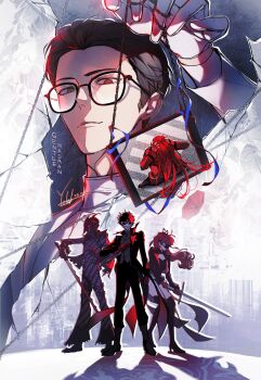 1girl 3boys akechi_gorou amamiya_ren arms_on_head black_cape black_coat black_gloves black_hair black_helmet black_jacket black_leotard black_mask black_mask_(persona_5) black_ribbon cape chain chair closed_mouth coat coattails domino_mask eye_mask glasses gloves hair_ribbon helmet highres holding holding_chain holding_knife holding_sword holding_weapon horned_mask jacket joker_(persona_5) knife leotard long_hair long_sleeves maruki_takuto mask masked multiple_boys necktie persona persona_5 persona_5_the_royal pointed_mask ponytail red_coat red_gloves red_hair red_umbrella ribbon ribbon_baton shirt spoilers striped_bodysuit striped_clothes sword torn_cape torn_clothes umbrella vertical-striped_clothes vertical-striped_necktie violet_(persona_5) weapon white_coat white_gloves white_mask white_shirt yoshizawa_kasumi yoshizawa_sumire yoteh