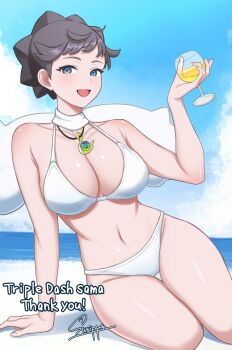 Rule 34 | 1girl, bare arms, beach, bikini, black hair, blue eyes, blue sky, breasts, cleavage, cloud, collarbone, commentary request, cup, day, diantha (pokemon), drinking glass, highres, holding, holding cup, horizon, large breasts, looking at viewer, navel, nintendo, ocean, open mouth, outdoors, pokemon, short hair, signature, sitting, sky, smile, solo, surippa1010, swimsuit, thighs, white background, white bikini, wine glass