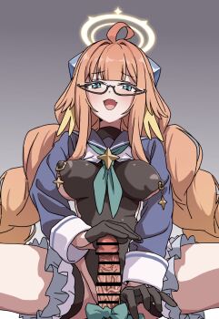 1boy 1girl ahoge bar_censor black_gloves black_leotard blue_archive blue_eyes breasts censored covered_erect_nipples erection glansjob glasses gloves halo handjob hetero highres large_breasts leotard long_hair long_sleeves looking_at_viewer nipple_piercing open_mouth orange_hair penis piercing semi-rimless_eyewear shimiko_(blue_archive) shimiko_(magical)_(blue_archive) smile solo_focus tamaya twintails under-rim_eyewear yellow_halo