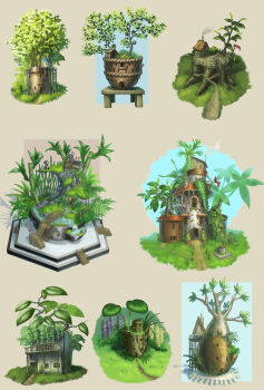bamboo bridge brown_background collage commentary_request grass highres leaf murakoyafactory no_humans original path plant potted_plant road simple_background stairs tree tree_stump water waterfall