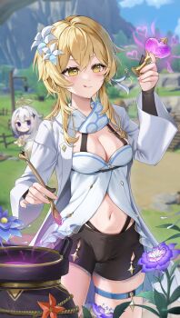 2girls alternate_costume black_shorts blonde_hair blurry blurry_background blush breasts cameltoe cleavage coat commentary_request flower game_screenshot_background genshin_impact hair_between_eyes hair_flower hair_ornament halo hand_up heart highres holding holding_spoon long_sleeves looking_at_another looking_at_object lumine_(genshin_impact) mayuma_(mayuma_0715) medium_breasts mountain multiple_girls navel nervous open_clothes open_coat outdoors paimon_(genshin_impact) potion screenshot_background shirt short_hair_with_long_locks shorts solo_focus spoon stomach thigh_strap thighs tongue tongue_out tree white_coat white_hair white_shirt yellow_eyes
