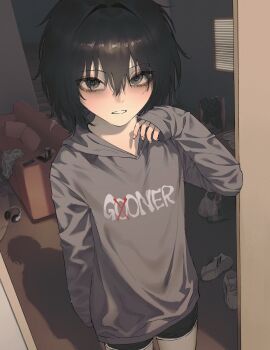 1girl absurdres bags_under_eyes beer_bottle black_hair black_shorts blue_eyes blush bowl cable can cellphone chair controller couch dirty dirty_clothes doorway drink_can earphones empty_bottle grey_hoodie hair_between_eyes hair_intakes hand_up highres hood hood_down hoodie indoors long_sleeves original parted_lips phone pillow plate pov_doorway remote_control shoes short_hair short_shorts shorts sleeves_past_fingers sleeves_past_wrists smartphone sneakers solo spoon table tyrezal unworn_clothes unworn_shoes white_shoes window window_blinds wooden_chair wooden_table