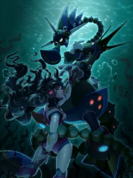 1boy 1girl air_bubble android armor black_hair bodysuit breasts bubble commentary_request closed_eyes floating_hair gloves holding_hands hand_up horns long_hair mega_man_(series) mega_man_x3 mega_man_x_(manga) mega_man_x_(series) napo robot_ears seaweed small_breasts tail toxic_seahorse&#039;s_girlfriend_(mega_man) toxic_seahorse_(mega_man) underwater very_long_hair white_gloves
