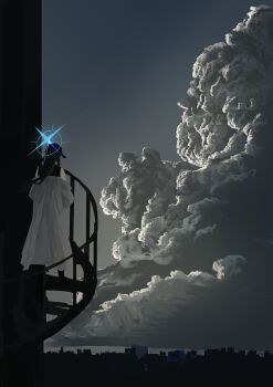 Rule 34 | 1girl, absurdres, baseball cap, blue archive, blue halo, cityscape, climbing ladder, cloud, coat, commentary request, cumulonimbus cloud, facing away, halo, hat, highres, kani etizen03, saori (blue archive), scenery, sky, skyline, spiral staircase, stairs, white coat