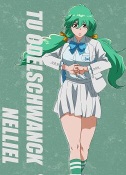 &gt;:( 1girl alternate_costume alternate_hairstyle anime_coloring bleach bleach:_sennen_kessen-hen blue_bow blue_bowtie blue_shirt bow bowtie brown_eyes character_name closed_mouth collared_shirt commentary_request corrupted_twitter_file double-parted_bangs dress_shirt eyelashes feet_out_of_frame floating_hair green_background green_hair green_socks hair_between_eyes hair_bow highres jacket kneehighs lips long_hair long_sleeves looking_at_viewer low_twintails miniskirt nelliel_tu_odelschwanck official_style open_clothes open_jacket orange_bow palm-fist_greeting pleated_skirt school_uniform serious sha11021997 shirt simple_background skirt socks solo standing thick_eyebrows thighs twintails v-shaped_eyebrows white_jacket white_skirt