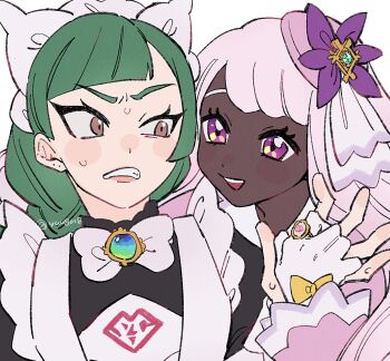 2girls apron bow bowtie braid braided_ponytail brooch brown_eyes clenched_teeth dark-skinned_female dark_skin dress eye_contact fascinator frown gem glove_bow gloves green_hair hair_ornament hand_up highres holding_hands jacinthe_(pokemon) jewelry lebanne_(pokemon) long_hair long_sleeves looking_at_another looking_to_the_side maid_apron maid_headdress master_and_servant multiple_girls nervous nervous_sweating nintendo open_mouth pokemon pokemon_legends:_z-a purple_dress purple_eyes purple_hair sweat sweatdrop teeth upper_body v-shaped_eyebrows very_dark_skin white_bow white_bowtie white_gloves yellow_bow yuri yuu_(yuuka_8018)