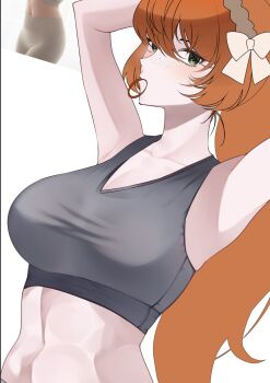 1girl akaneeeeee52 alternate_costume arms_behind_head bow breasts commentary_request eyelashes freckles green_eyes grey_sports_bra hair_bow hair_tie_in_mouth highres ishmael_(project_moon) korean_commentary large_breasts limbus_company long_hair looking_at_viewer mouth_hold orange_hair photo_inset ponytail project_moon reference_inset simple_background solo sports_bra tying_hair white_background white_bow