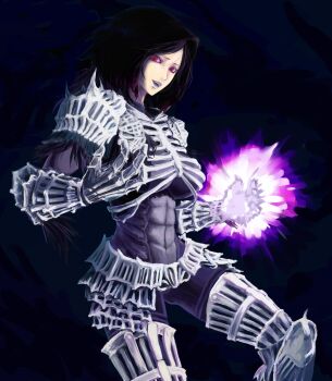 1girl abs armor artist_request bodysuit breasts dark_background dark_souls_(series) dark_souls_i darkwraith_(dark_souls) female_focus fromsoftware highres large_breasts lipstick long_hair makeup muscular power purple_hair red_eyes skin_tight slit_pupils solo