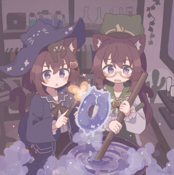 2girls :o absurdres animal_ear_fluff animal_ears animal_hat black_ribbon blue_hat blush book bookshelf brown_hair cactus cat_ears cat_girl cat_hat cat_tail cauldron collarbone colon_br commentary_request flask frilled_sleeves frills glasses green_hat green_ribbon green_sailor_collar hair_ornament hairclip halloween hat highres holding holding_wand indoors liquid long_hair long_sleeves multiple_girls neck_ribbon open_mouth original purple_eyes ribbon sailor_collar semi-rimless_eyewear shirt short_hair smoke stirring sweatdrop tail thick_eyebrows twitter_username under-rim_eyewear wand wavy_mouth white_shirt yellow-framed_eyewear