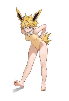 1girl animal_ears bare_legs barefoot blonde_hair breasts closed_mouth commentary_request covered_erect_nipples eyelashes feet full_body gen_1_pokemon hair_between_eyes hand_on_own_hip highres jolteon knees leaning_forward leotard nail_polish nihu nintendo personification pokemon purple_eyes solo spiked_hair standing tail toenail_polish toenails toes white_background yellow_leotard yellow_nails