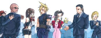 3girls 4boys aerith_gainsborough arm_behind_back armor asymmetrical_hair bald bandaged_arm bandages bangle bare_shoulders belt bindi black_gloves black_hair black_jacket black_necktie black_pants black_skirt black_suit blonde_hair blue_eyes blue_pants blue_shirt blush bracelet braid braided_ponytail breasts brown_hair buttons choker cityscape cleavage closed_eyes closed_mouth cloud_strife collared_shirt covering_own_mouth cowboy_shot crop_top cropped_jacket dress earrings elbow_gloves elena_(ff7) facial_hair final_fantasy final_fantasy_vii fingerless_gloves floating_earrings flower formal_clothes gloves goatee goggles goggles_on_head grey_belt hair_ribbon hair_slicked_back hair_tie hand_in_pocket hand_on_another's_back hetero highres holding holding_another's_arm holding_flower jacket jas_(jasjasjasart) jewelry large_breasts lily_(flower) long_dress long_hair long_sleeves looking_at_another love_triangle low-tied_long_hair materia medium_breasts midriff miniskirt multiple_boys multiple_earrings multiple_girls navel necktie open_mouth own_hands_clasped own_hands_together pants parted_bangs pink_dress pink_ribbon puffy_short_sleeves puffy_sleeves red_eyes red_gloves red_hair red_jacket reno_(ff7) ribbon ribbon_choker rude_(ff7) shirt short_hair short_sleeves shoulder_armor sideburns sidelocks single_bare_shoulder single_braid single_earring single_shoulder_pad skirt sleeveless sleeveless_shirt sleeveless_turtleneck smile spiked_hair suit suit_jacket sunglasses suspenders sweatdrop swept_bangs tears tifa_lockhart tseng turtleneck wavy_hair wavy_mouth white_shirt yellow_flower