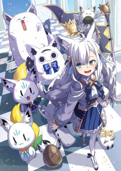 1girl ahoge animal_ear_fluff animal_ear_piercing animal_ears aqua_eyes black_tail blue_skirt bodice bow_ring braid checkered_floor corset crocodile crocodilian crown extra_ears floating_crown four-leaf_clover_print fox_ears fox_girl fox_tail framed_breasts frilled_shrug fubuchun fubuzilla_(shirakami_fubuki) full_body gold_crown gold_wrist_cuffs highres hololive indoors layered_skirt long_hair long_sleeves mini_crown miteiru_(shirakami_fubuki) multicolored_tail nejima_kitsune_(shirakami_fubuki) official_alternate_costume official_alternate_hairstyle oruyanke_(shirakami_fubuki) pentagram puffy_sleeves ribbed_thighhighs shirakami_fubuki shirakami_fubuki_(saint) shirt shrug_(clothing) sidelocks skirt smile stone_pillar sukonbu_(shirakami_fubuki) tail thighhighs tokumaro virtual_youtuber white_corset white_hair white_shirt white_tail