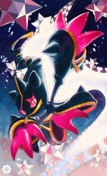 amehatobook banette claws colored_sclera full_body gen_3_pokemon grin hashtag-only_commentary highres looking_at_viewer mega_banette mega_pokemon nintendo no_humans pink_eyes pokemon pokemon_(creature) pokemon_focus red_eyes smile solo star_(symbol) teeth zipper zipper_pull_tab