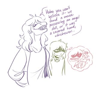 1girl 1other angry annoyed bright-goat clenched_hand clenched_teeth collared_shirt deltarune freckles height_difference highres imagining jacket kris_(deltarune) long_hair messy_hair open_clothes open_jacket reptile_girl shaded_face sharp_teeth shirt sketch soul_(deltarune) speech_bubble squeezing susie_(deltarune) sweatdrop sweater teeth thought_bubble utdr_(toby_fox) wavy_hair