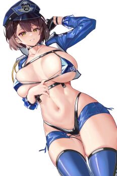1girl absurdres arm_up azur_lane baltimore_(azur_lane) baltimore_(finish_line_flagbearer)_(azur_lane) bed_sheet bikini bikini_pull black_choker black_gloves blue_bikini blue_thighhighs bob_cut breasts breasts_apart brown_hair chest_belt chinese_commentary choker clothes_pull collarbone commentary_request confetti covered_erect_nipples eagle_union_(emblem) fish0620 flagpole gloves grin hat highleg highleg_bikini highres large_breasts micro_shorts mismatched_bikini mole mole_on_breast mole_under_eye navel official_alternate_costume peaked_cap pulling_own_clothes race_queen revealing_clothes short_hair shorts shrug_(clothing) simple_background single_glove smile solo_focus stomach strap_pull swimsuit teeth thighhighs thighs transparent_background yellow_eyes