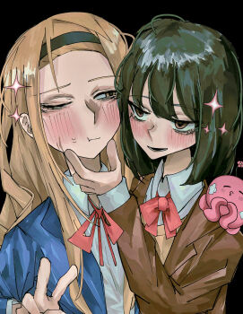 2girls 7z32z absurdres black_background blue_jacket blush brown_eyes brown_jacket cheek_squash closed_mouth collared_shirt commentary green_hair highres jacket kirarazaka_marina kuze_shizuka long_hair medium_hair multiple_girls neck_ribbon one_eye_closed red_ribbon ribbon school_uniform shirt sidelocks takopii_no_genzai upper_body white_shirt