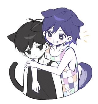 Rule 34 | 2boys, animal ears, antenna hair, black eyes, black hair, black tank top, blush, bright pupils, cat boy, cat ears, cat tail, checkered floor, closed mouth, collarbone, colored skin, commentary request, dog boy, dog ears, dog tail, double-parted bangs, grin, hair between eyes, highres, hug, hug from behind, kel (headspace) (omori), kel (omori), korean commentary, looking at another, male focus, multiple boys, omori, omori (omori), open mouth, purple eyes, purple hair, short hair, simple background, smile, tail, tank top, teeth, white background, white pupils, white skin, wktdms1