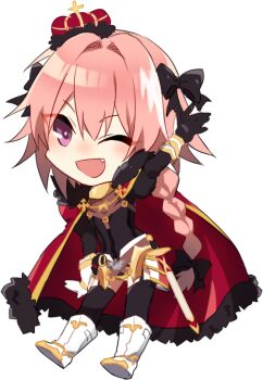 1boy androgynous arm_up armored_skirt astolfo_(fate) astolfo_(rider)_(fate) astolfo_(third_ascension)_(fate) black_bow black_garter_straps black_sweater black_thighhighs boots bow braid cape commentary crown deformed english_commentary fang fate/apocrypha fate_(series) full_body fur-trimmed_cape fur_trim garter_straps gauntlets gold_trim gorget hair_bow hair_intakes hiirotaka light_blush long_hair male_focus mini_crown multicolored_hair non-web_source official_alternate_costume one_eye_closed open_mouth pink_hair purple_eyes red_cape riding_boots simple_background single_braid skin_fang smile solo streaked_hair sweater thighhighs transparent_background white_boots white_hair zettai_ryouiki