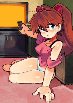 1girl bare_legs barefoot blue_eyes breasts brown_hair controller ear_piercing earrings interface_headset_(evangelion) jewelry leaning_forward looking_at_another looking_at_viewer medium_breasts neon_genesis_evangelion off_shoulder panties piercing remote_control shiny_skin sitting solo souryuu_asuka_langley striped_clothes striped_panties thick_thighs thighs tsundere twintails two_side_up underwear underwear_only wamudraws wide_hips