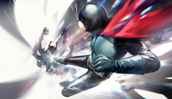 1boy absurdres armor black_bodysuit bodysuit commentary english_commentary flying_kick full_body green_armor green_helmet helmet highres jiuri_jiuhao kamen_rider kamen_rider_(1st_series) kamen_rider_1 kicking male_focus red_scarf rider_kick scarf solo_focus typhoon_(kamen_rider)