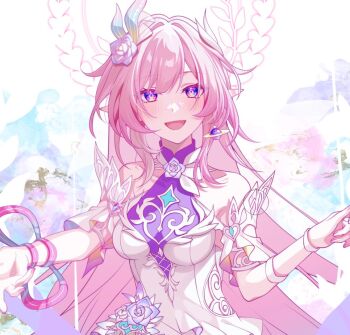 1girl armlet bare_shoulders breasts commentary_request cyrene_(honkai:_star_rail) cyrene_(ripples_of_past_reverie)_(honkai:_star_rail) diamond-shaped_pupils diamond_(shape) dress flower hair_flower hair_ornament honkai:_star_rail honkai_(series) jewelry long_hair looking_at_viewer medium_breasts open_mouth pink_hair pochimaru_(marumaru_wanwan) pointy_ears purple_eyes purple_flower purple_rose rose sidelocks smile solo symbol-shaped_pupils upper_body white_dress