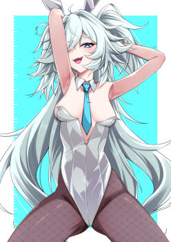 1girl absurdres alternate_costume armpits arms_behind_head black_pantyhose blue_background blue_eyes blue_necktie breasts breasts_apart commentary_request detached_collar florence_(girls'_frontline_2) girls'_frontline girls'_frontline_2:_exilium heart heart-shaped_pupils highres kamiya_(kamiya19930330) leotard long_hair looking_at_viewer medium_breasts necktie open_mouth pa-15_(girls'_frontline) pantyhose playboy_bunny smile solo strapless strapless_leotard symbol-shaped_pupils teeth two-tone_background two_side_up upper_teeth_only white_background white_hair white_leotard