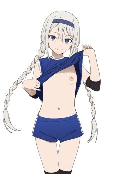 Rule 34 | 1girl, absurdres, blue eyes, blue hairband, blue shirt, blue shorts, braid, braided twintails, clothes lift, commentary, coro fae, cowboy shot, elbow sleeve, flat chest, grey hair, hair between eyes, hairband, highres, kaguya-sama wa kokurasetai ~tensai-tachi no renai zunousen~, lifting own clothes, long bangs, long hair, looking at viewer, navel, nipples, no bra, shirogane kei, shirt, shirt lift, short shorts, shorts, simple background, sleeveless, sleeveless shirt, solo, standing, stomach, twin braids, very long hair, white background