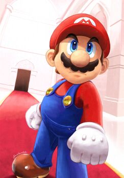 Rule 34 | 1boy, artist name, blue eyes, blue overalls, brown hair, brown shoes, newsboy cap, clenched hands, facial hair, gloves, hat, highres, long sleeves, male focus, maribou (supermaribou), mario, mario (series), mustache, nintendo, overalls, red hat, red shirt, shirt, shoes, solo, super mario odyssey, white gloves