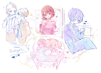 Rule 34 | 2boys, 2girls, absurdres, apron, bare shoulders, blonde hair, blue dress, blue hair, brown eyes, brown hair, character name, choker, collared shirt, cowboy shot, crepe, cropped legs, cup, digital walkman, dress, earphones removed, earrings, flipped hair, food, frilled apron, frilled skirt, frills, full body, fur-trimmed sweater, fur trim, gekkoukan high school uniform, heart, heart choker, highres, holding, holding crepe, holding food, holding plate, jacket, jewelry, long hair, long sleeves, looking at another, looking at viewer, mochizuki ryouji, mp3 player, multiple boys, multiple girls, multiple views, nagomaru, neck ribbon, off-shoulder sweater, off shoulder, official alternate costume, open clothes, open jacket, parted lips, pearl earrings, persona, persona 3, persona 5, pink nails, pink sweater, plate, ribbed sweater, ribbon, scarf, school uniform, shirt, short hair, skirt, socks, striped clothes, striped dress, sweater, takamaki anne, takeba yukari, thighhighs, twintails, upper body, vertical-striped clothes, vertical-striped dress, white apron, white choker, white shirt, white socks, white thighhighs, yuuki makoto (persona 3)