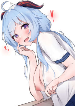 1girl ahoge blue_hair breasts bush dermar flashing ganyu_(genshin_impact) genshin_impact heart highres horns large_breasts long_hair looking_at_viewer nipples one_breast_out open_clothes open_mouth open_shirt oppai_challenge purple_eyes shirt short_sleeves sidelocks signature simple_background smile solo uniform white_background white_shirt