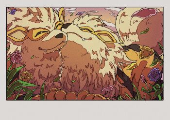 Rule 34 | animal focus, arcanine, closed eyes, closed mouth, fangs, fangs out, flower, gen 1 pokemon, highres, nintendo, no humans, onamuzi illust, orange fur, outdoors, pink sky, pokemon, pokemon (creature), pokemon focus, sky, smile