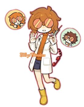 1girl androgynous animification artist_name black_shorts boots brown_hair coat commentary corded_phone eff_(effiryl) facing_viewer flat_chest full_body hair_between_eyes hashtag-only_commentary holding holding_syringe lab_coat long_sleeves minecraft_youtube multiple_views open_clothes open_coat open_mouth orange-tinted_eyewear orange_hair orange_sweater phone round_eyewear scientist short_hair shorts simple_background smile solo_focus squiddo standing standing_on_one_leg sunglasses sweater syringe tinted_eyewear turtleneck turtleneck_sweater watermark waving white_background white_coat yellow_boots