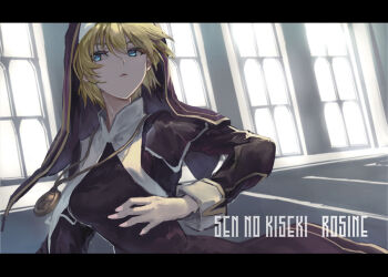 Rule 34 | 1girl, black dress, black veil, blonde hair, blue eyes, breasts, character name, closed mouth, copyright name, dress, eiyuu densetsu, expressionless, irise ryouji, letterboxed, long sleeves, looking to the side, medallion, medium breasts, nun, rosine (eiyuu densetsu), sen no kiseki (series), short hair, solo, standing, upper body, veil, window